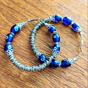 India Bohemian Sir Alistair Rai Blue and Silver Boho Large Round Earrings